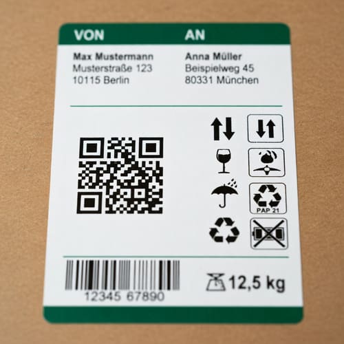 PPWR-konformes Versandlabel mit QR-Code und Pflicht-Piktogrammen