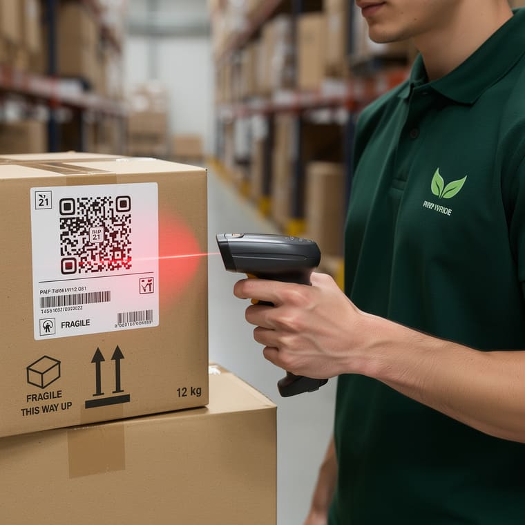 Mitarbeiter scannt PPWR-Etikett mit Industrie-Scanner