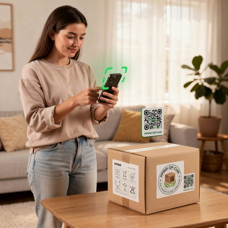 Endkundin scannt QR-Code im Wohnzimmer